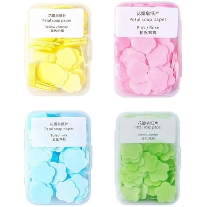 Tnyvm 4 BOXES PAPER SOAP, 4 RANDOM DIFFERENT SCENTED MINI PORTABLE DISPOSABLE PETAL HAND WASH SHEETS, DISSOLVABLE HAND BATH SOAP,SUITABLE FOR OUTDOOR,CAMPING AND HIKING,PERSONAL CARE(APPROX 400 SHEETS) - Image 1